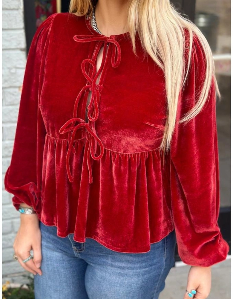 Red Clay Plus Size Tie Front Velvet Peplum Blouse