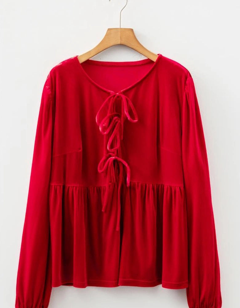 Red Clay Plus Size Tie Front Velvet Peplum Blouse