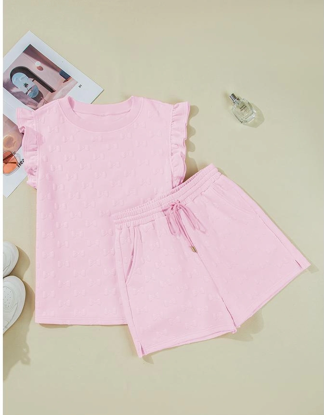 Pink Bow Jacquard Ruffle Sleeve Short 2pcs Outfit