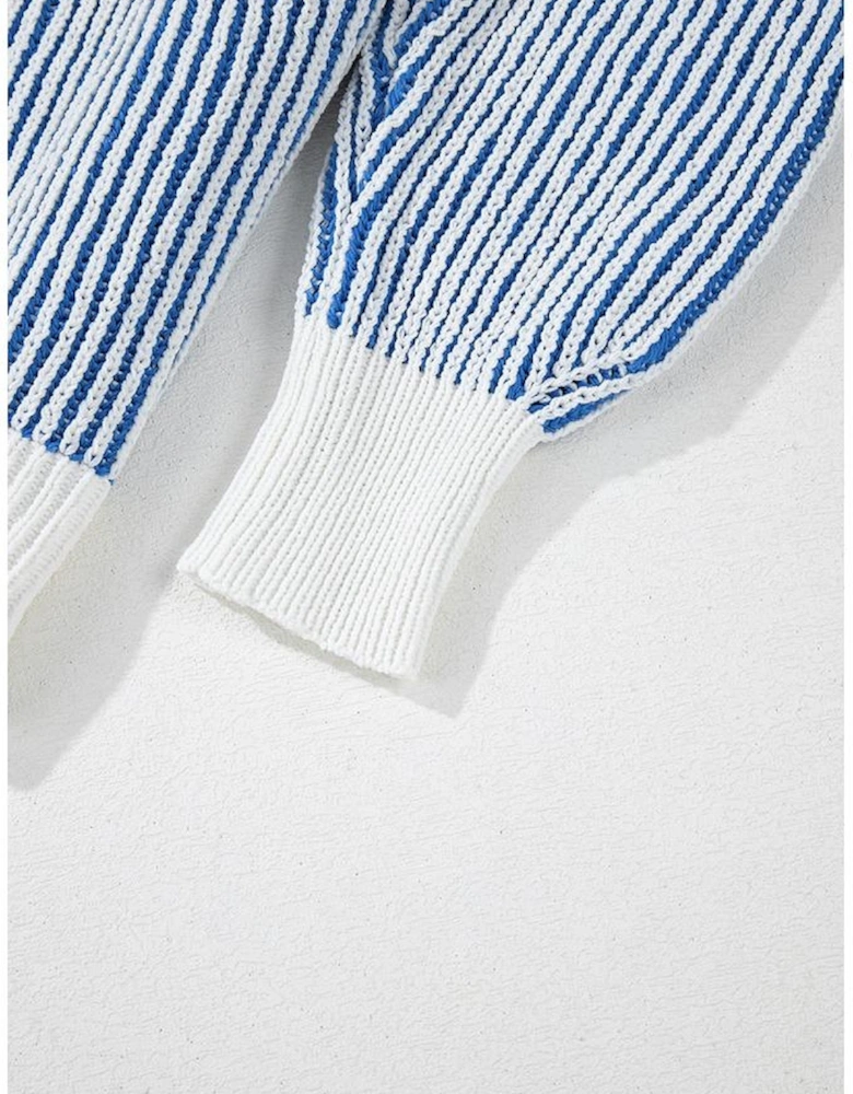 Dark Blue Striped Textured Knit Contrast Edge Loose Sweater