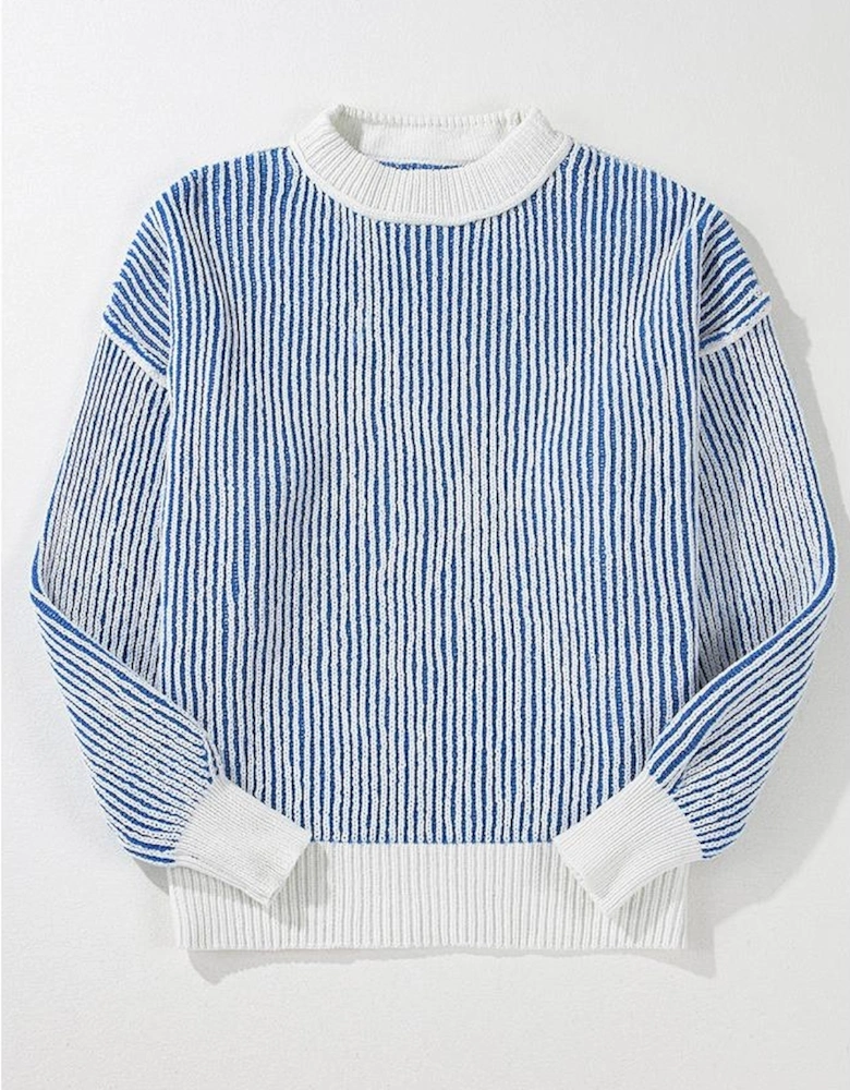 Dark Blue Striped Textured Knit Contrast Edge Loose Sweater
