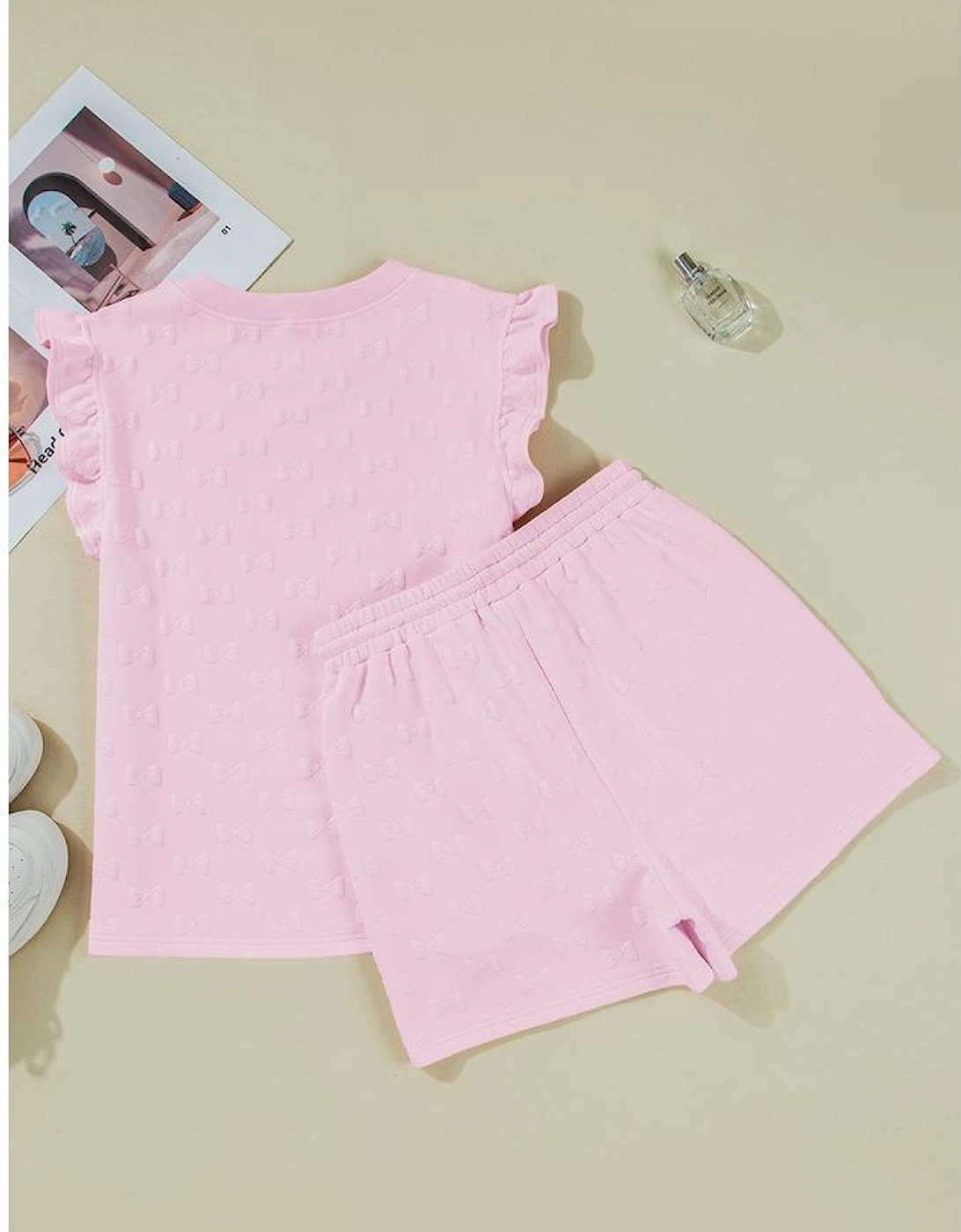 Pink Bow Jacquard Ruffle Sleeve Short 2pcs Outfit