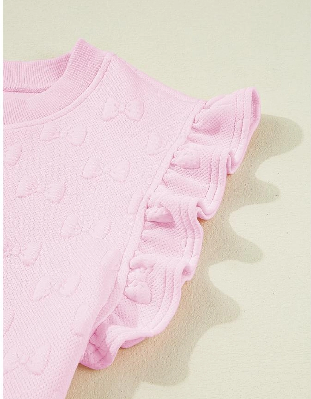 Pink Bow Jacquard Ruffle Sleeve Short 2pcs Outfit