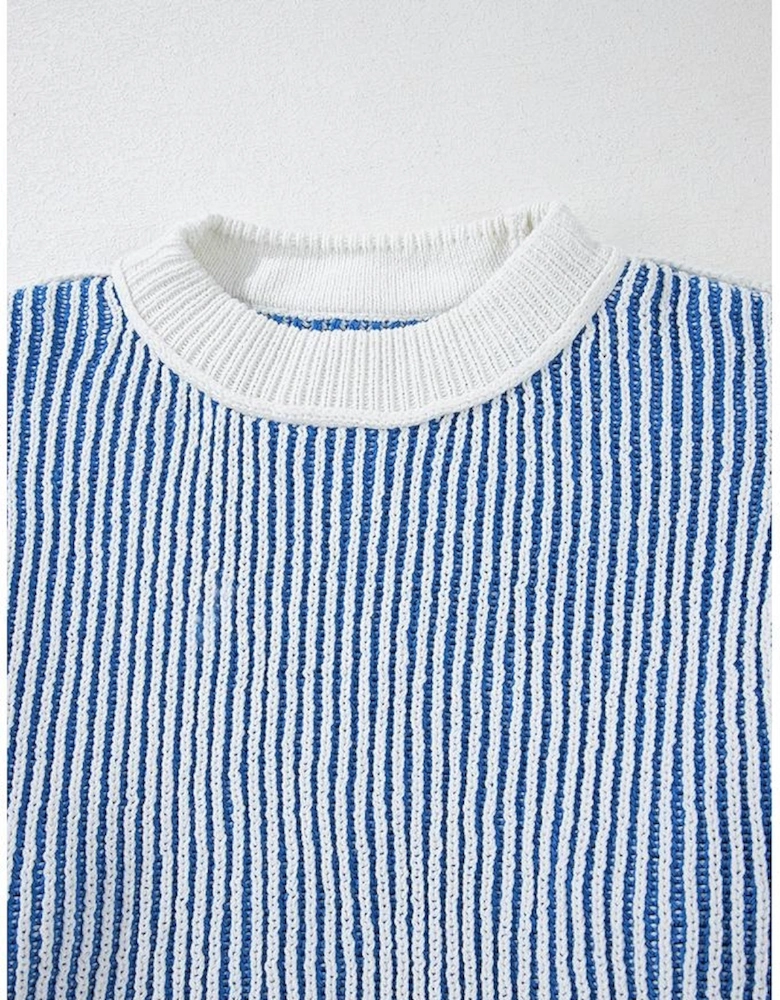 Dark Blue Striped Textured Knit Contrast Edge Loose Sweater