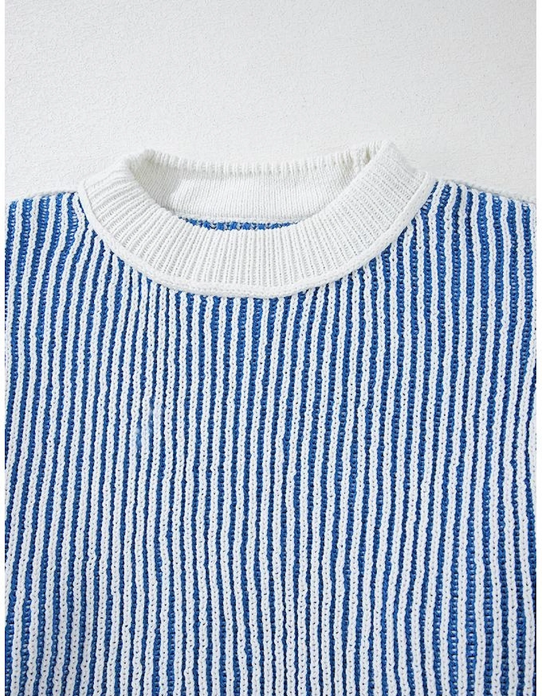 Dark Blue Striped Textured Knit Contrast Edge Loose Sweater