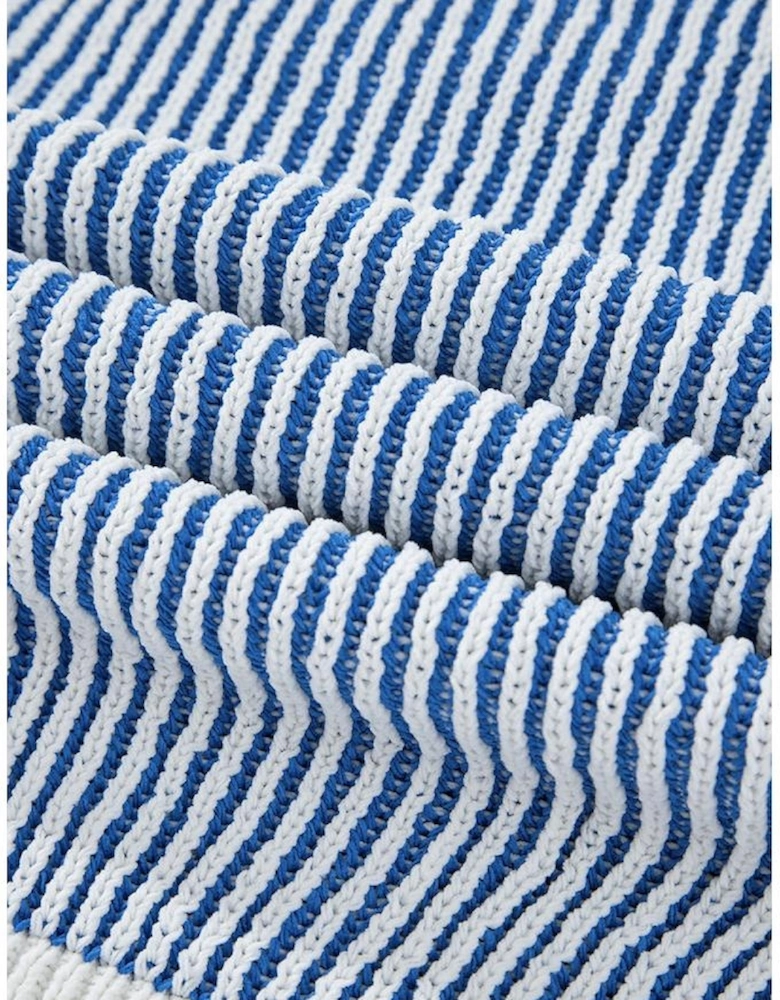 Dark Blue Striped Textured Knit Contrast Edge Loose Sweater