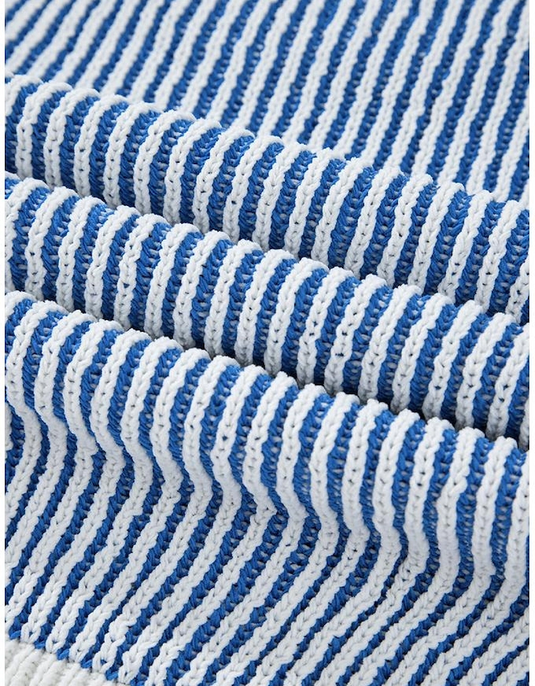 Dark Blue Striped Textured Knit Contrast Edge Loose Sweater