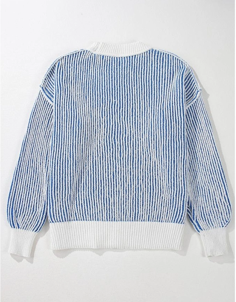 Dark Blue Striped Textured Knit Contrast Edge Loose Sweater