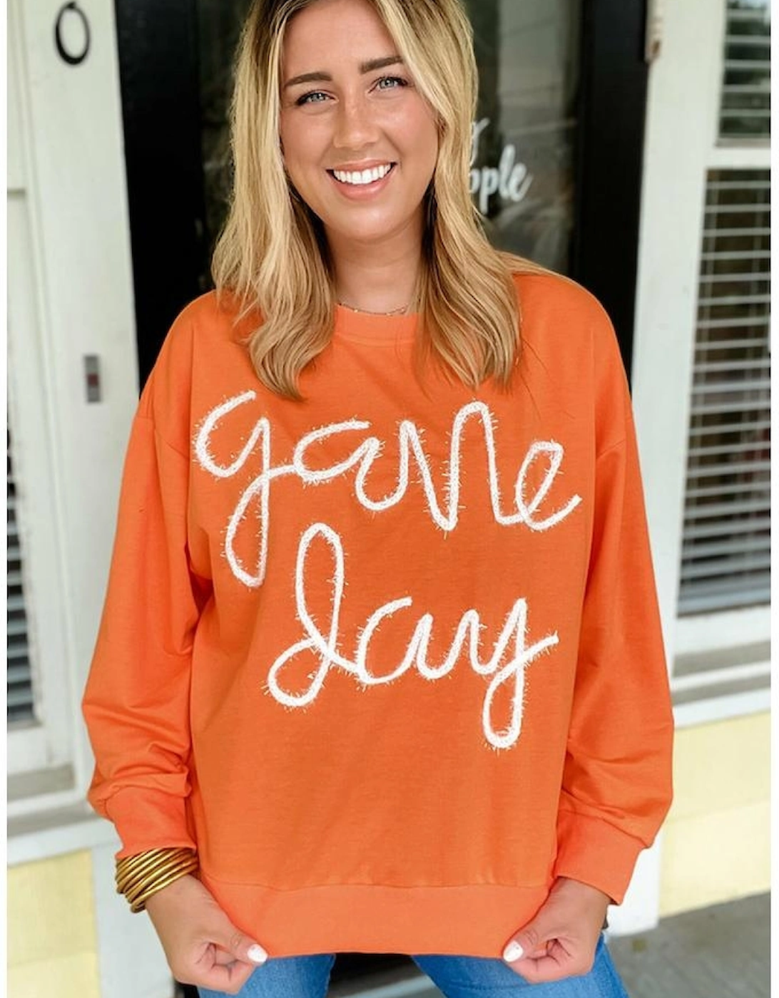 Russet Orange Tinsel Game Day Drop Shoulder Graphic Sweatshirt