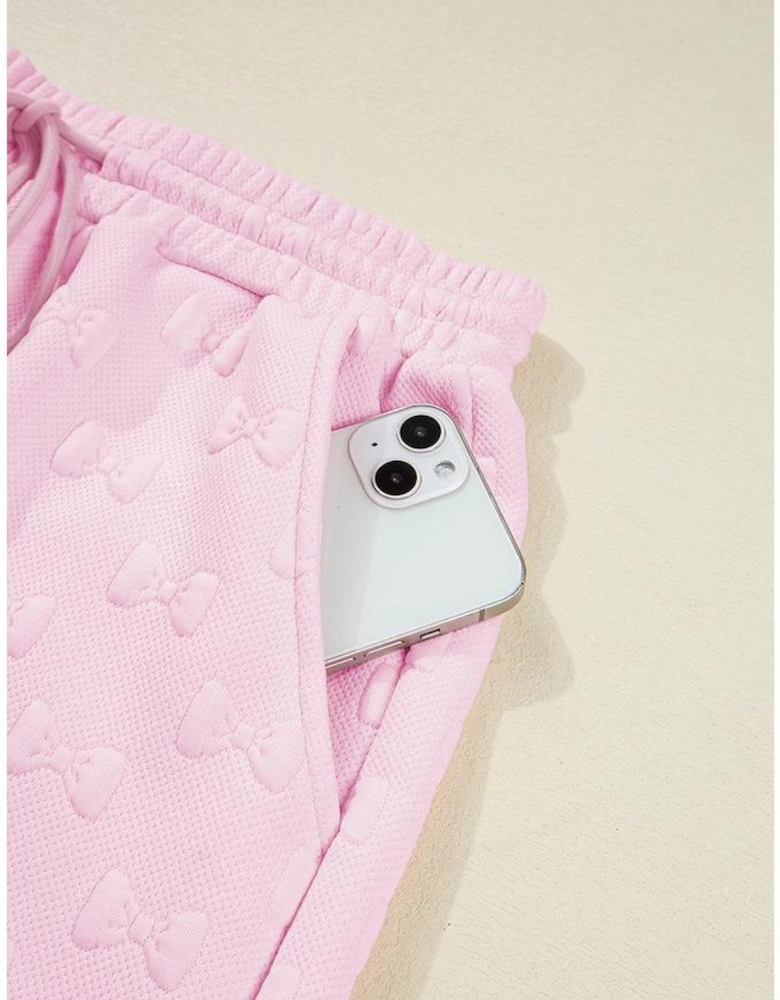 Pink Bow Jacquard Ruffle Sleeve Short 2pcs Outfit