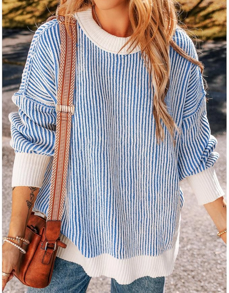 Dark Blue Striped Textured Knit Contrast Edge Loose Sweater