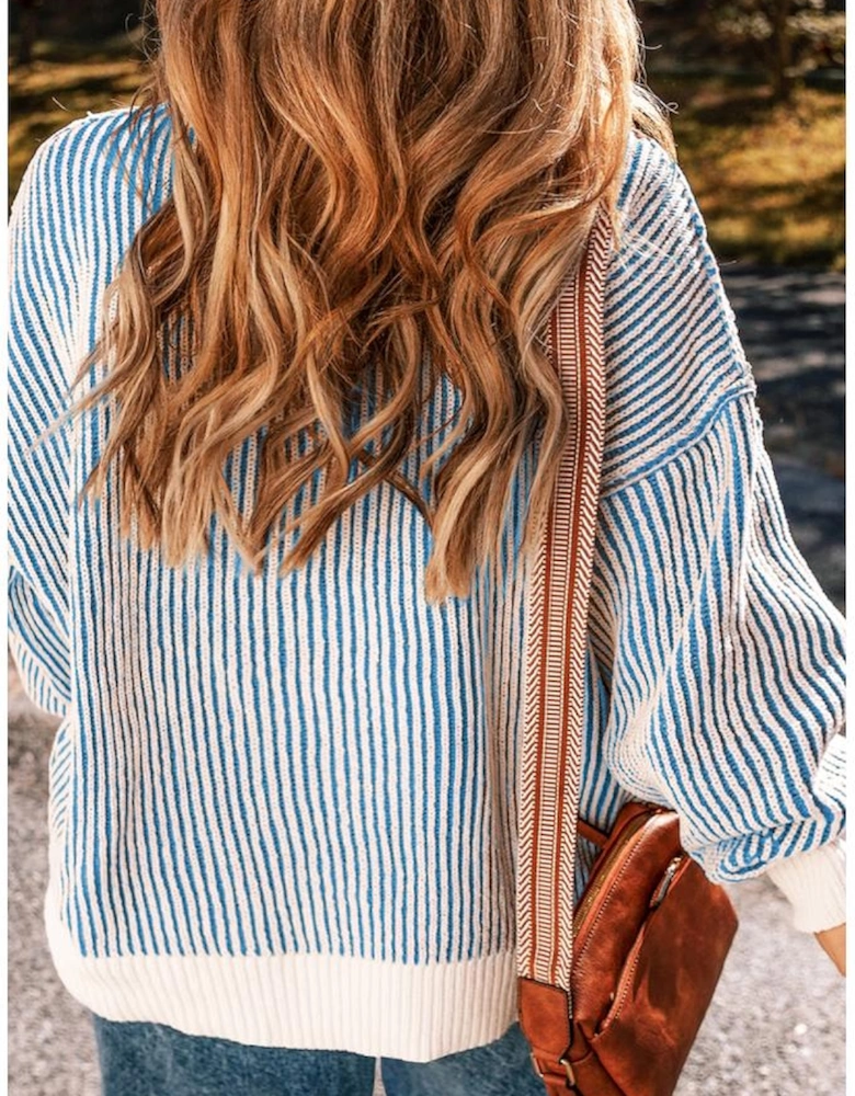 Dark Blue Striped Textured Knit Contrast Edge Loose Sweater