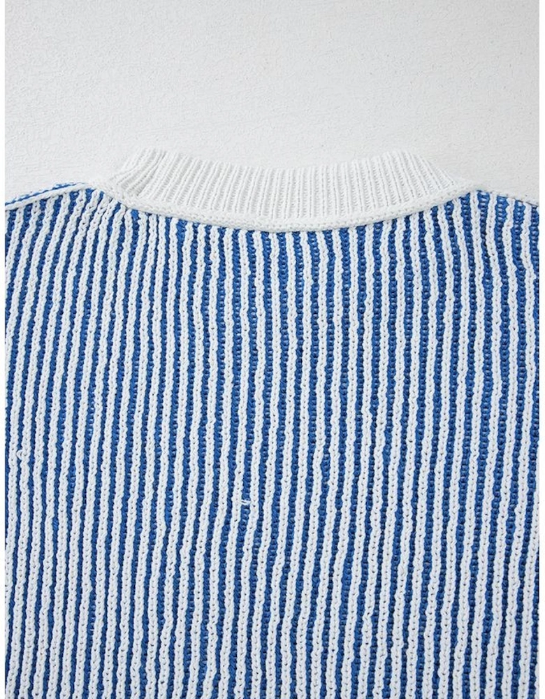 Dark Blue Striped Textured Knit Contrast Edge Loose Sweater
