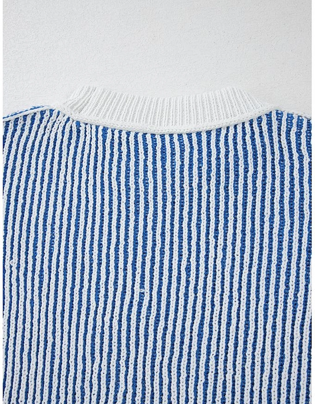 Dark Blue Striped Textured Knit Contrast Edge Loose Sweater