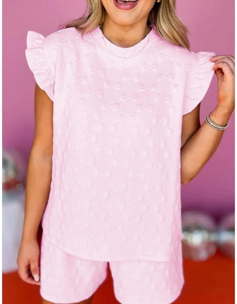 Pink Bow Jacquard Ruffle Sleeve Short 2pcs Outfit