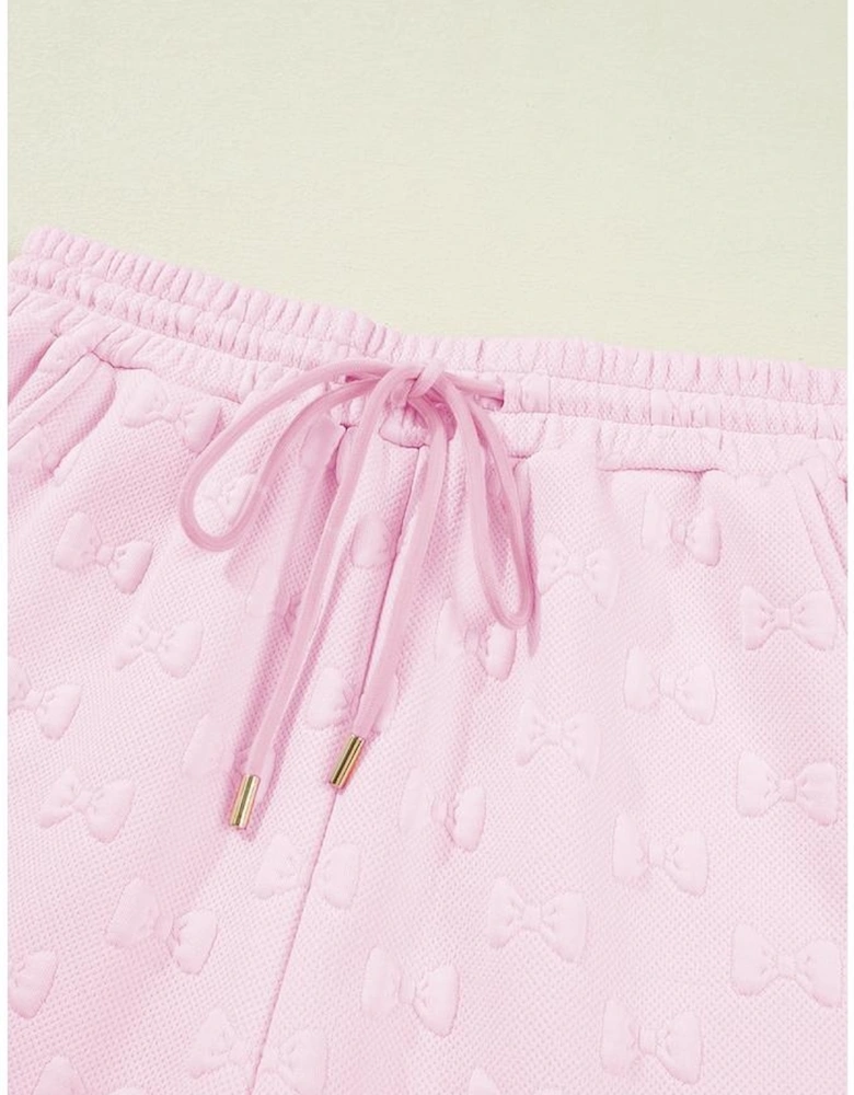 Pink Bow Jacquard Ruffle Sleeve Short 2pcs Outfit