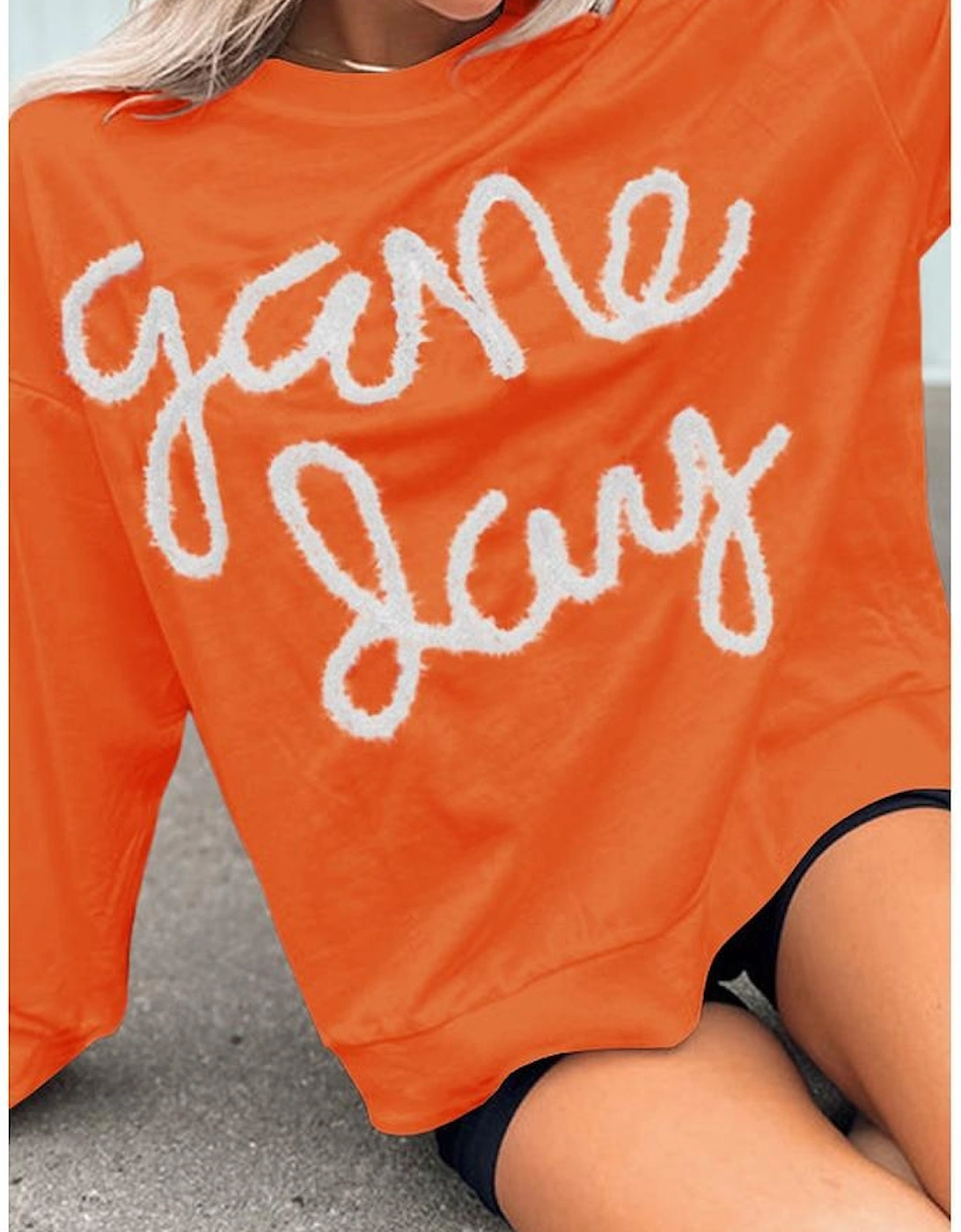 Russet Orange Tinsel Game Day Drop Shoulder Graphic Sweatshirt