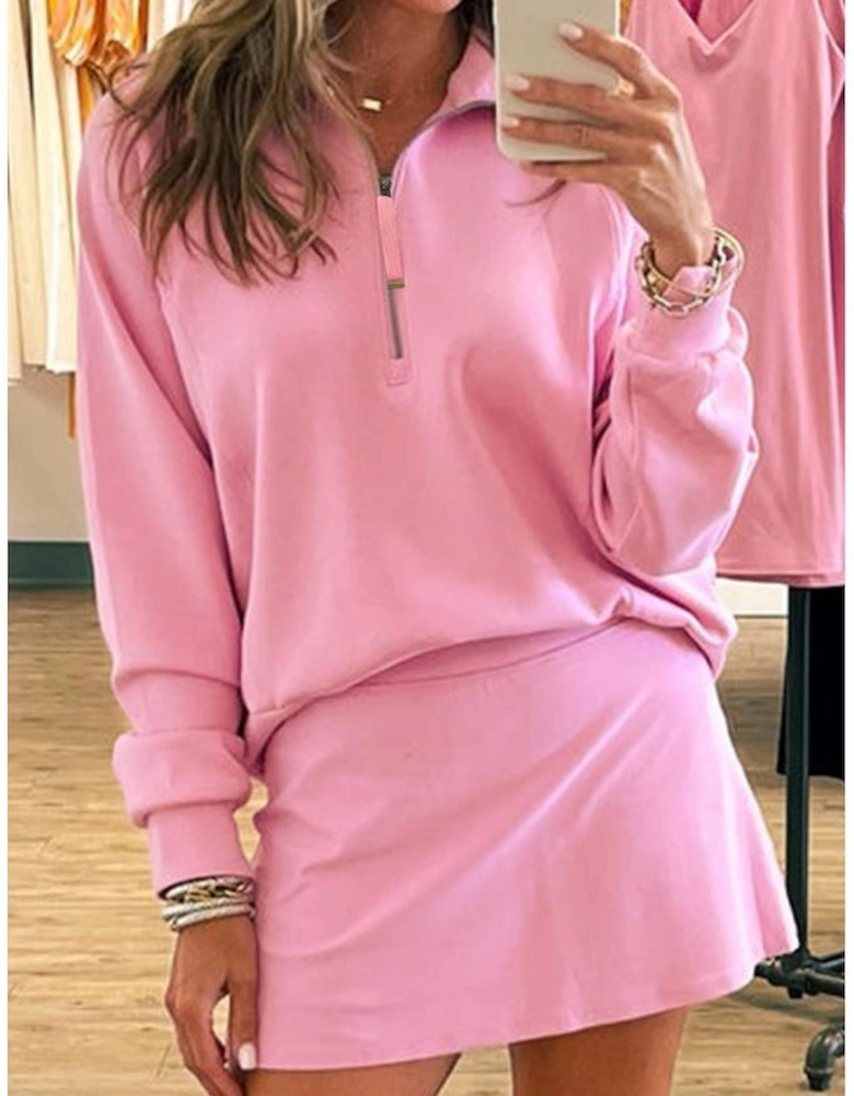 Pink Half Zip Sporty Pullover Mini Skirt 2pcs Outfit