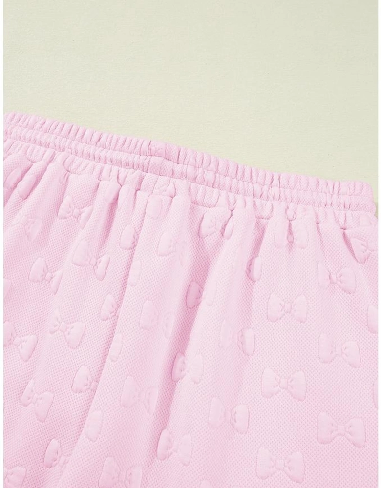 Pink Bow Jacquard Ruffle Sleeve Short 2pcs Outfit