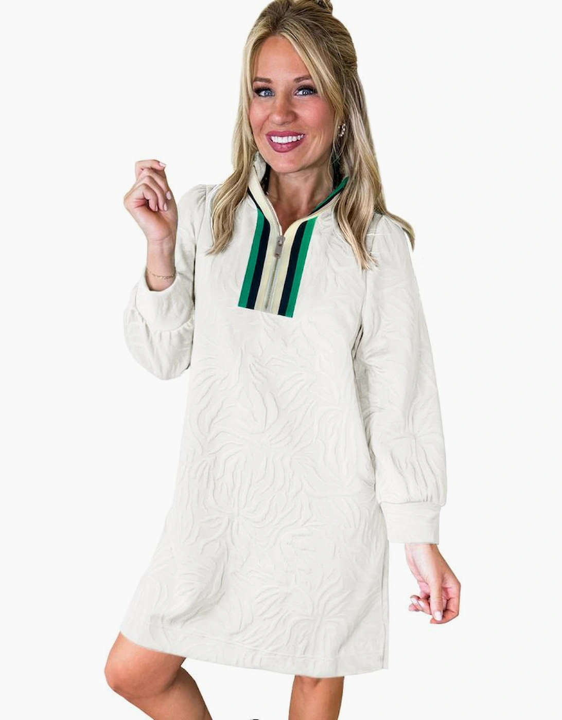 White Jacquard Textured Quarter Zipper Shift Mini Dress, 10 of 9