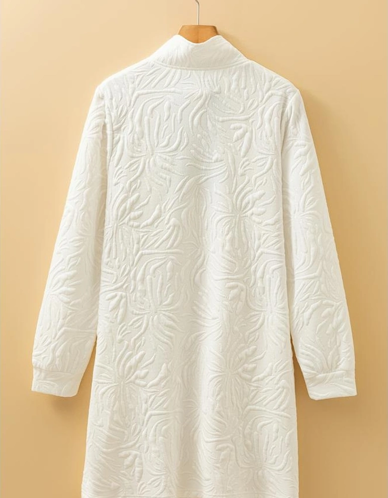 White Jacquard Textured Quarter Zipper Shift Mini Dress