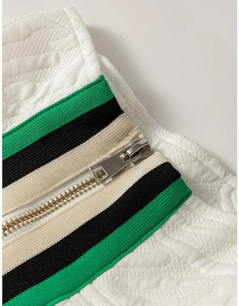 White Jacquard Textured Quarter Zipper Shift Mini Dress