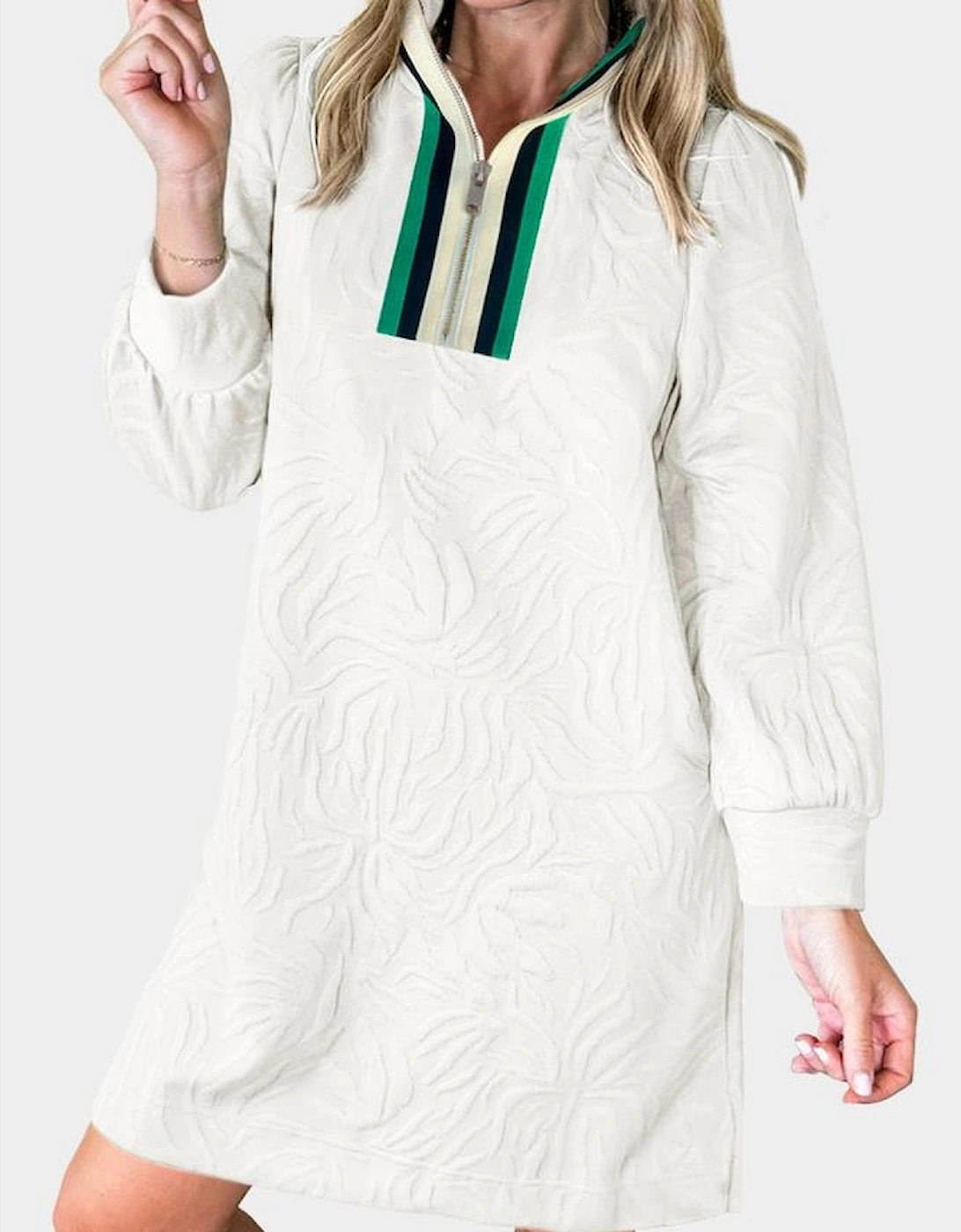 White Jacquard Textured Quarter Zipper Shift Mini Dress