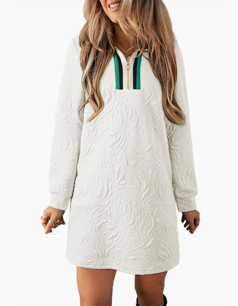 White Jacquard Textured Quarter Zipper Shift Mini Dress