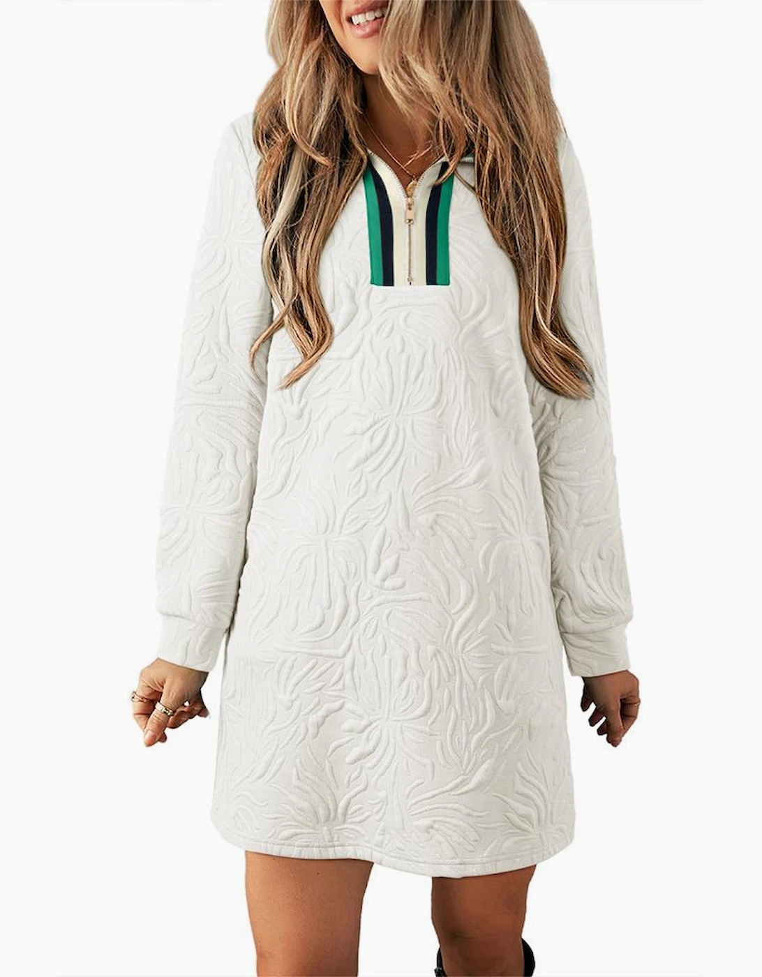 White Jacquard Textured Quarter Zipper Shift Mini Dress