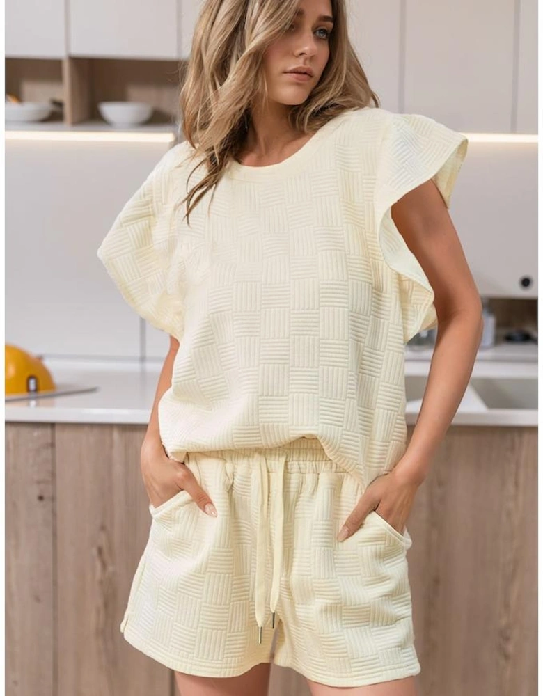 Apricot Textured Ruffled Sleeve Tee and Drawstring Shorts Set