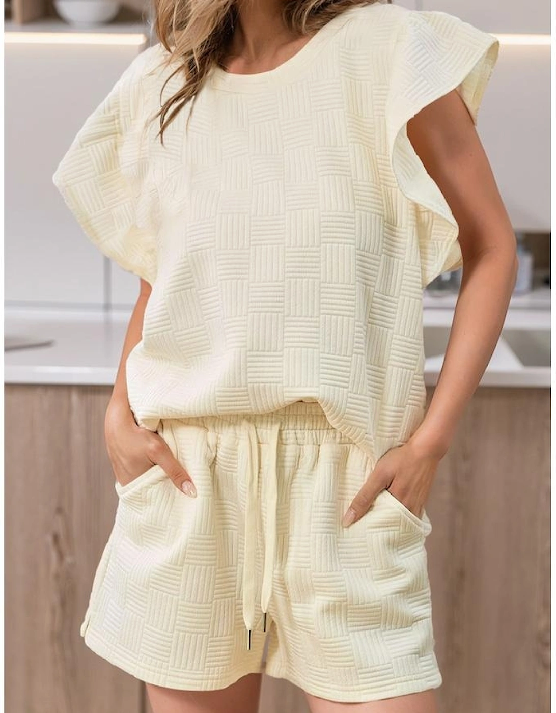 Apricot Textured Ruffled Sleeve Tee and Drawstring Shorts Set, 5 of 4