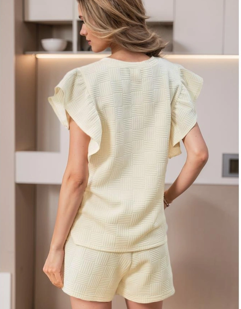 Apricot Textured Ruffled Sleeve Tee and Drawstring Shorts Set