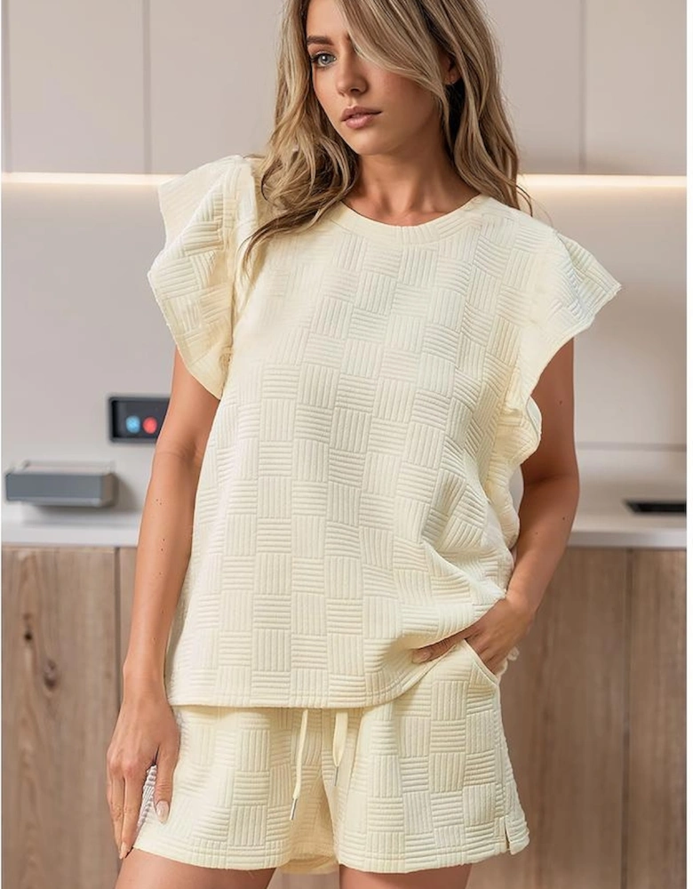 Apricot Textured Ruffled Sleeve Tee and Drawstring Shorts Set