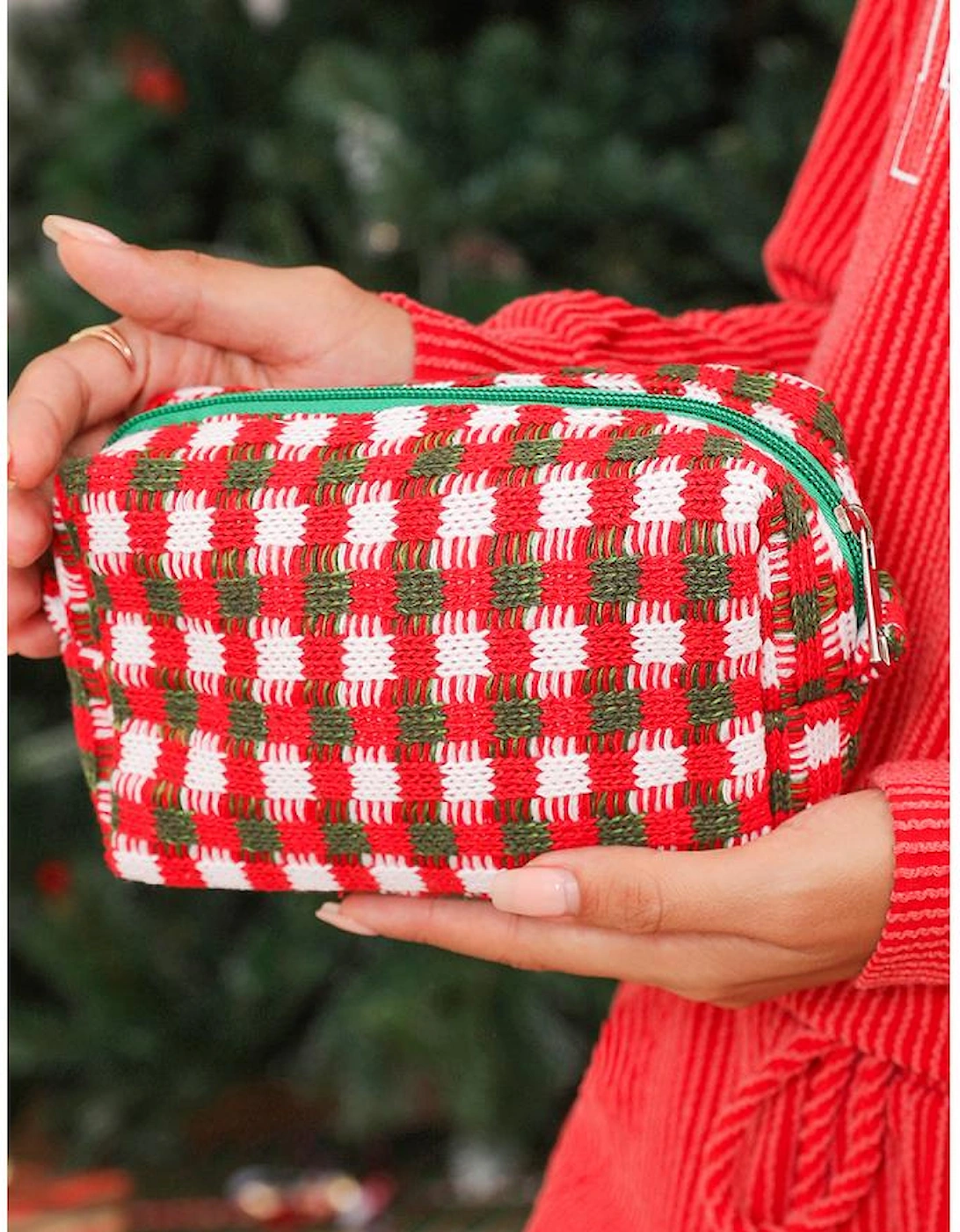 Racing Red Christmas Style Crochet Zipper Square Makeup Bag