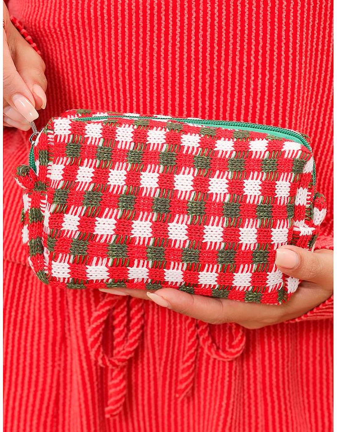 Racing Red Christmas Style Crochet Zipper Square Makeup Bag