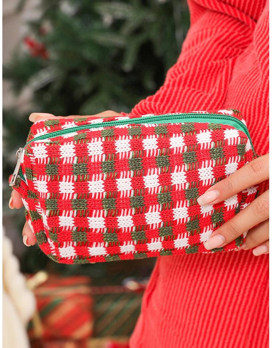 Racing Red Christmas Style Crochet Zipper Square Makeup Bag
