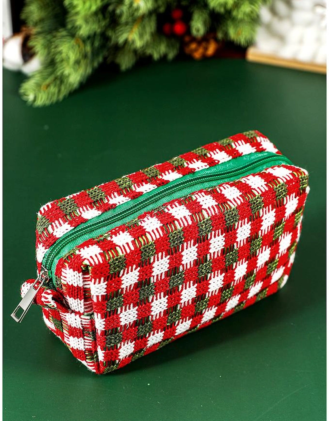 Racing Red Christmas Style Crochet Zipper Square Makeup Bag