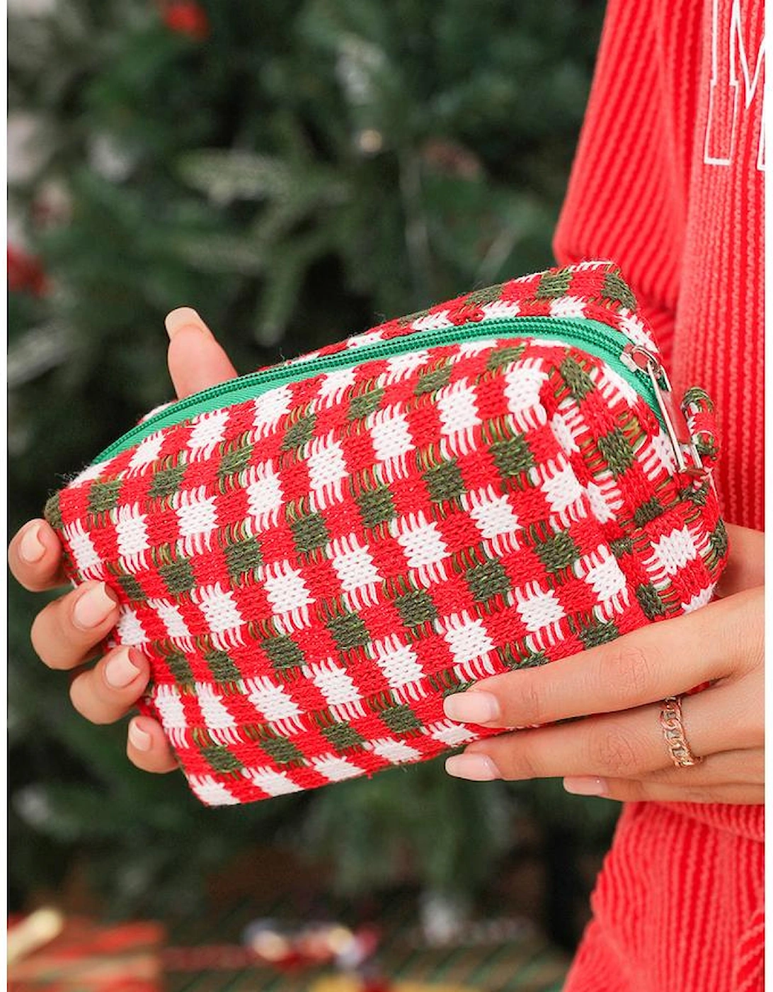 Racing Red Christmas Style Crochet Zipper Square Makeup Bag