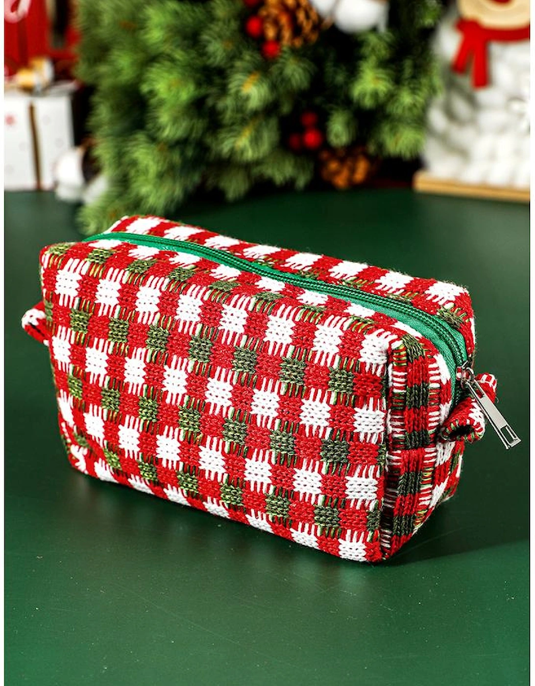 Racing Red Christmas Style Crochet Zipper Square Makeup Bag