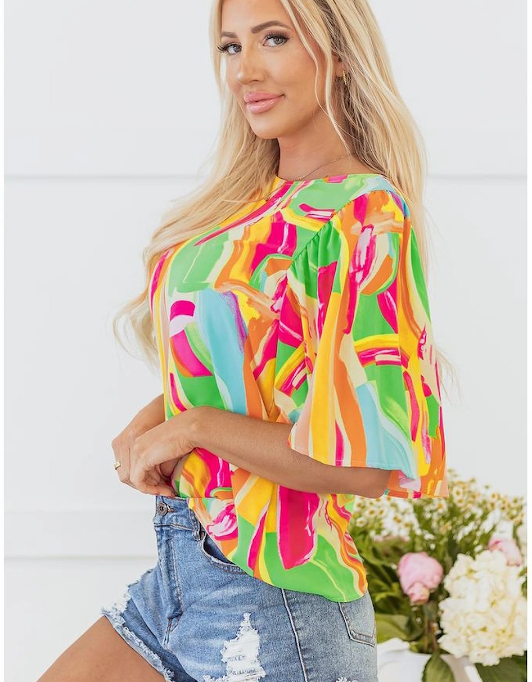 Multicolour Abstract Print Keyhole Back Pleated Half Sleeve Blouse