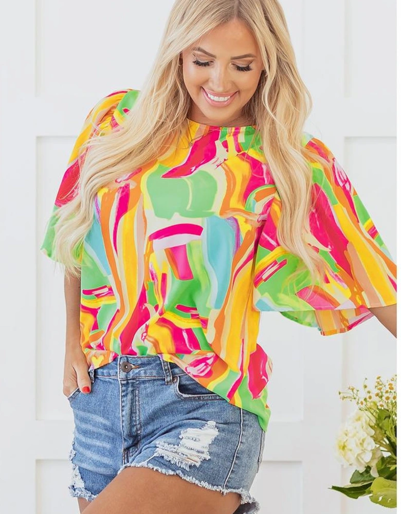 Multicolour Abstract Print Keyhole Back Pleated Half Sleeve Blouse