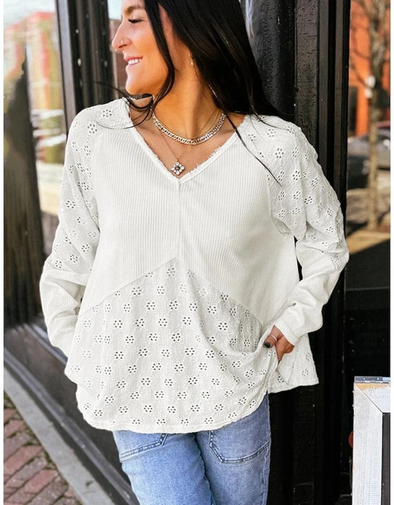 White Twisted Rib Patchwork Embroidered Loose V Neck Long Sleeve Top