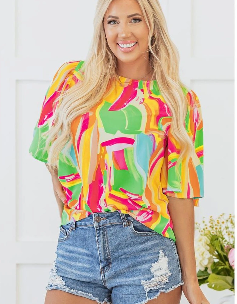 Multicolour Abstract Print Keyhole Back Pleated Half Sleeve Blouse
