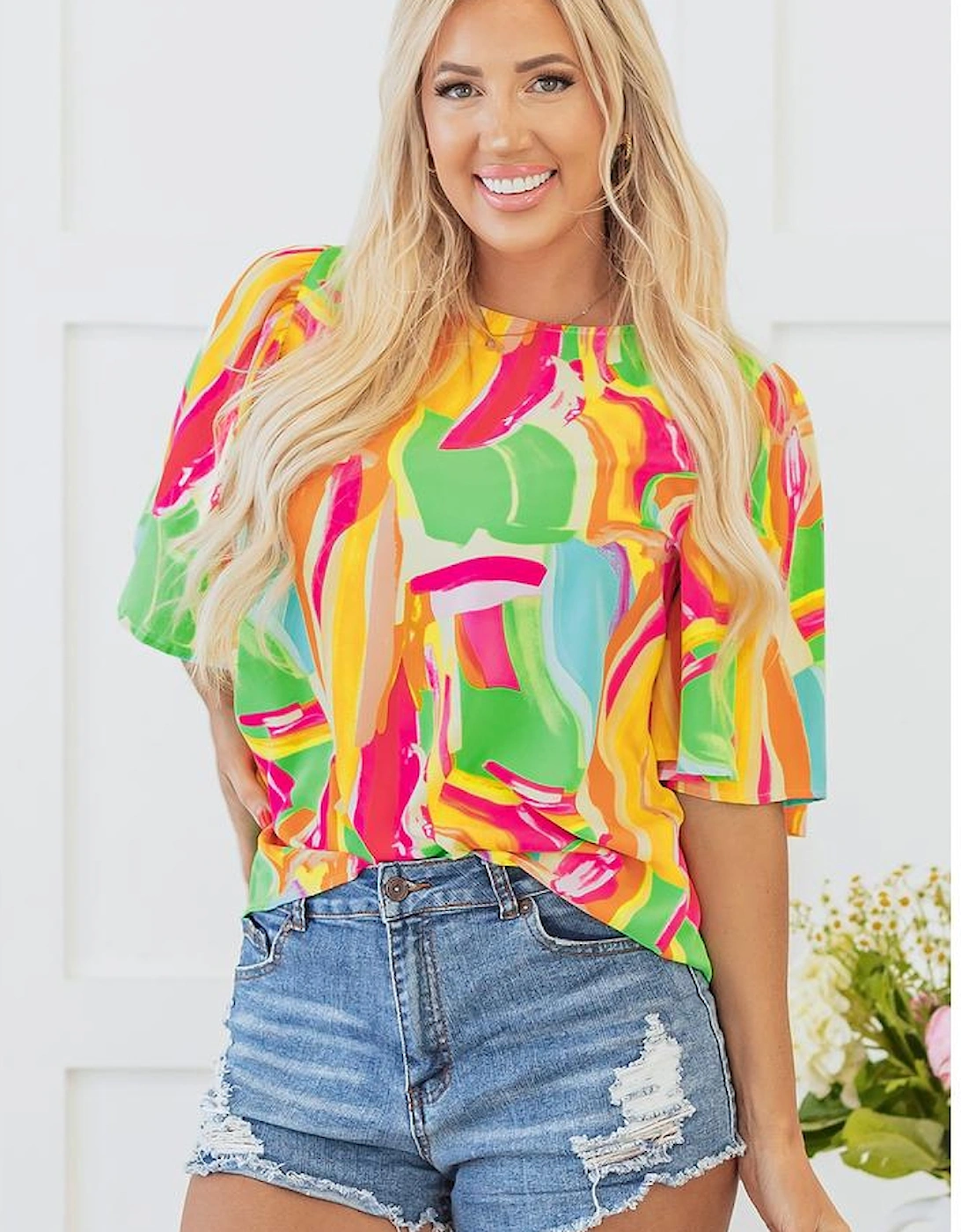 Multicolour Abstract Print Keyhole Back Pleated Half Sleeve Blouse