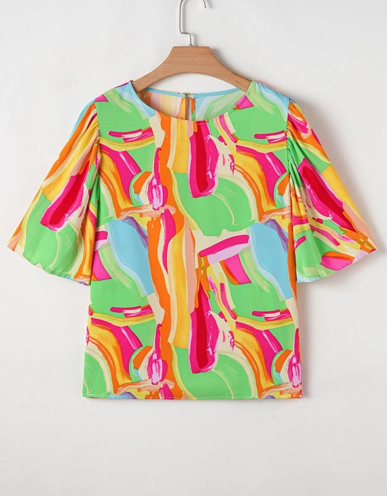 Multicolour Abstract Print Keyhole Back Pleated Half Sleeve Blouse