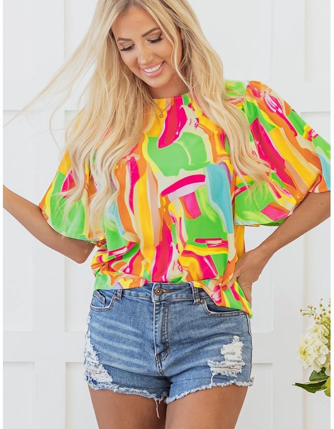 Multicolour Abstract Print Keyhole Back Pleated Half Sleeve Blouse