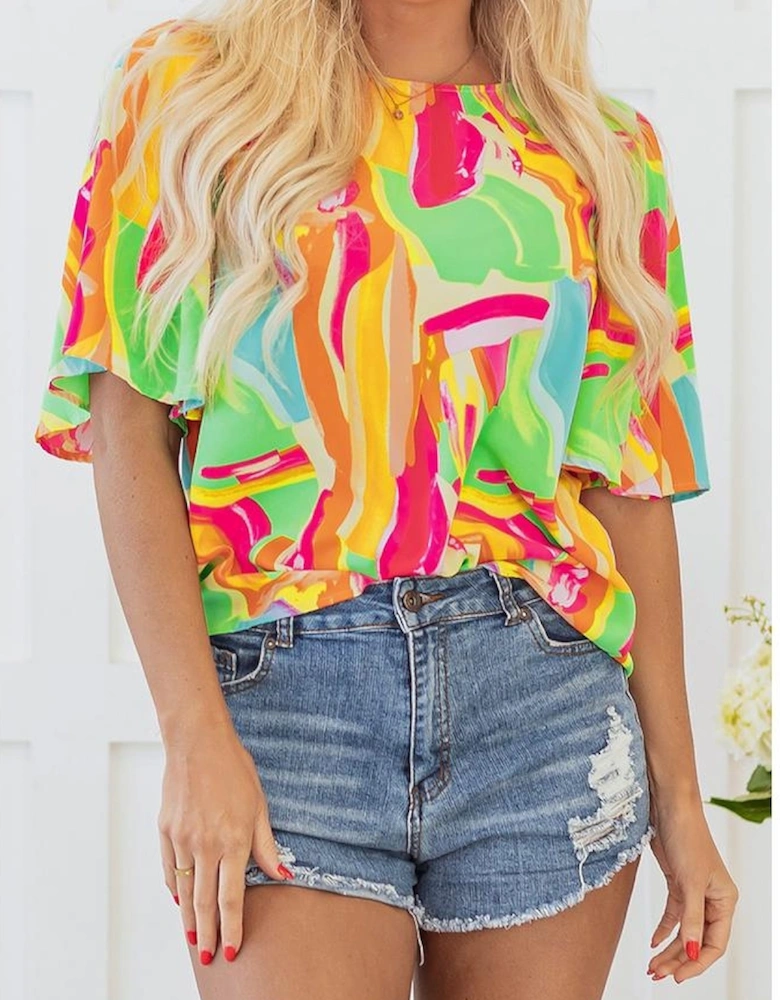 Multicolour Abstract Print Keyhole Back Pleated Half Sleeve Blouse