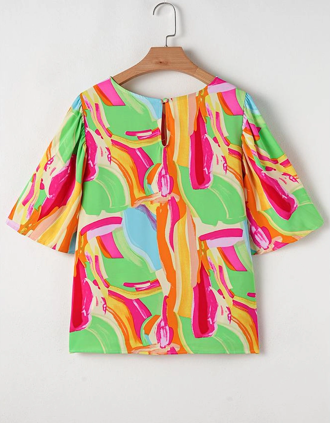 Multicolour Abstract Print Keyhole Back Pleated Half Sleeve Blouse