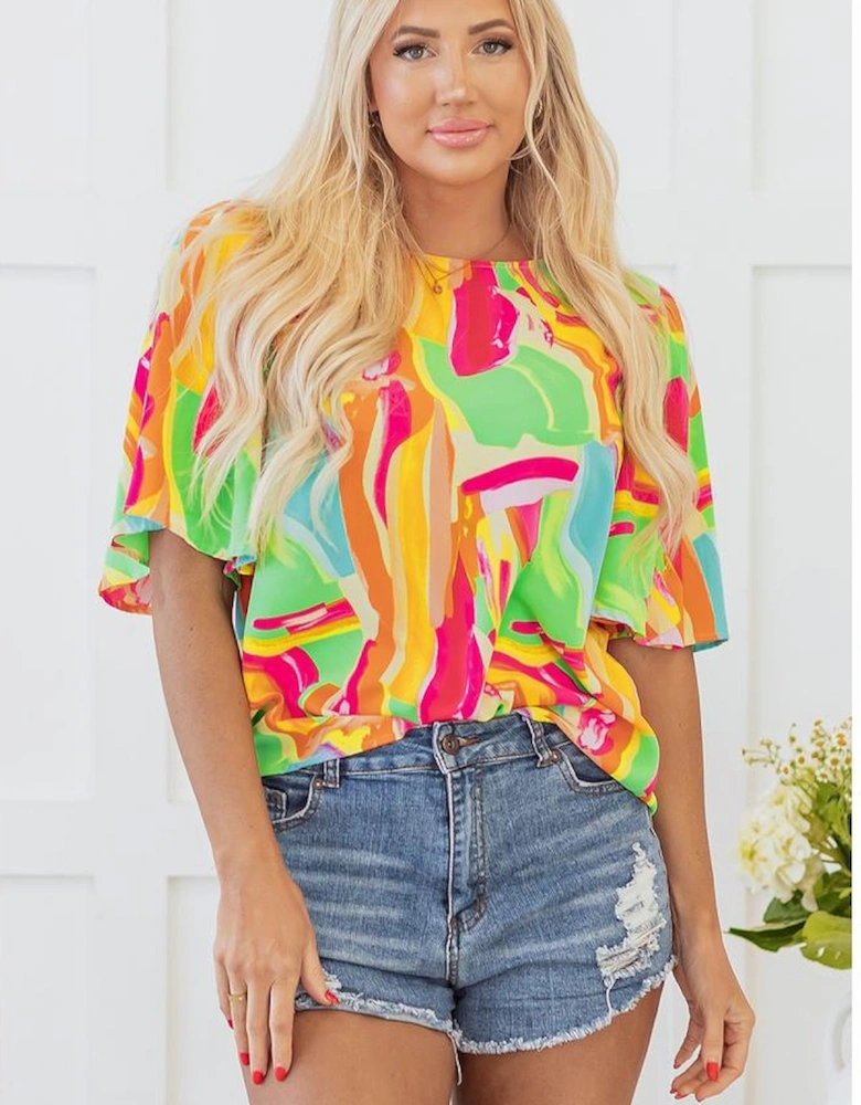 Multicolour Abstract Print Keyhole Back Pleated Half Sleeve Blouse