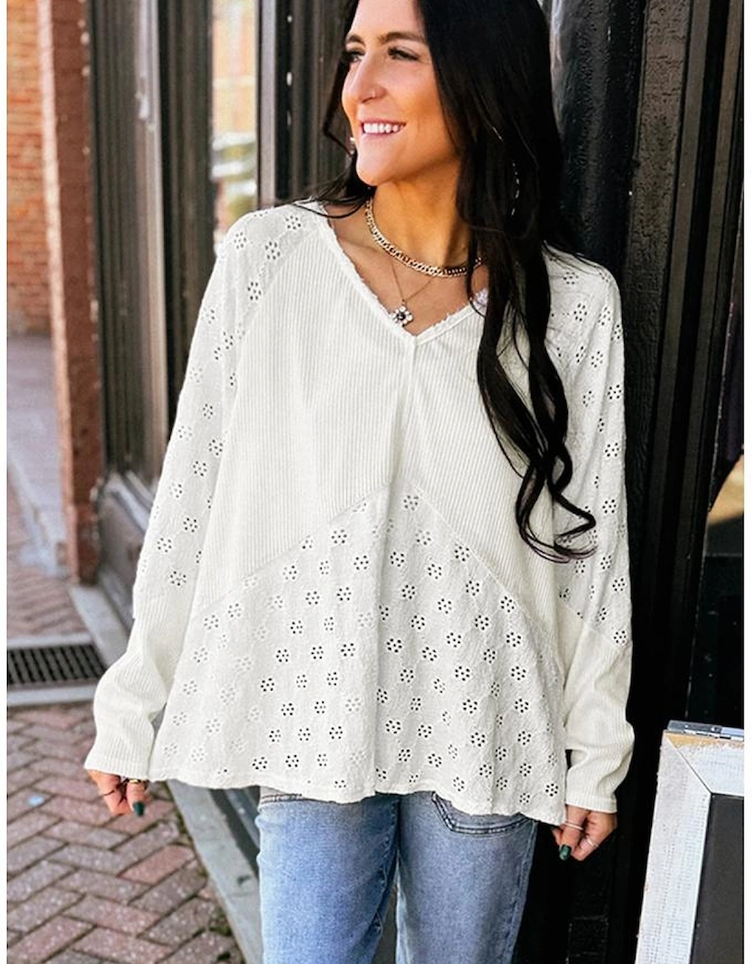 White Twisted Rib Patchwork Embroidered Loose V Neck Long Sleeve Top